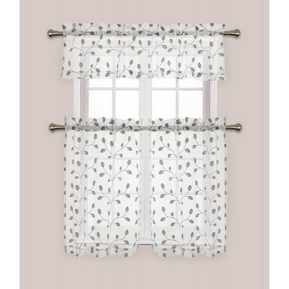 Metallic Shimmer Embroidered Floral Complete Kitchen Curtain Tier & Valance Set - Silver