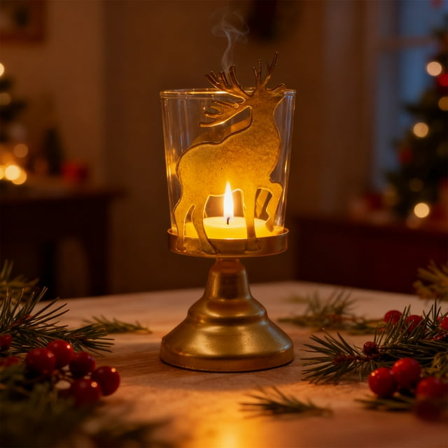 Candelabro Navideño Vintage Romántico | Candelabro de Hierro Forjado con Estrella Dorada y Cristal | Decoración de Mesa | 7×12 Cm | Ideal para Decorar y Regalar En Navidad