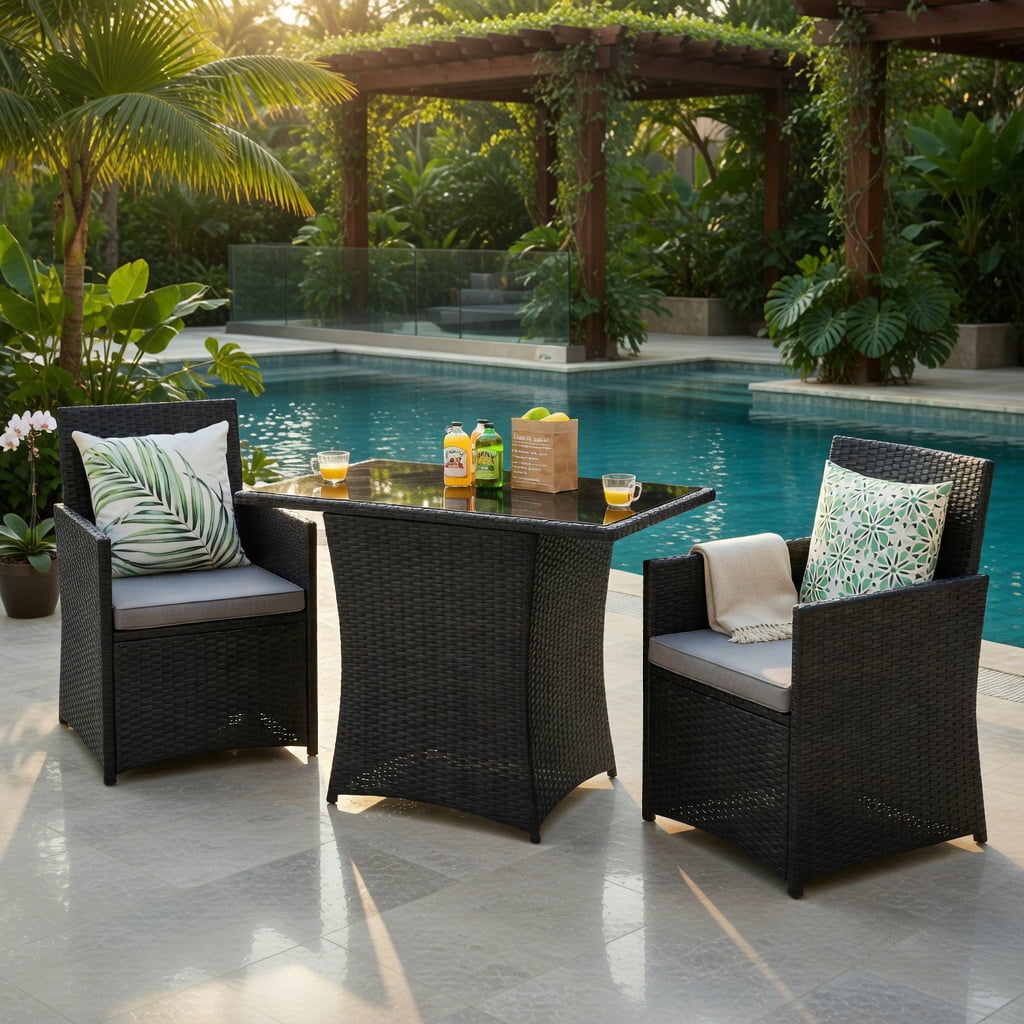 Hommoo 3-Piece Weather-Resistant PE Rattan Patio Furniture Set, Steel Frame, Tempered Glass Table & Ergonomic Armchairs with Removable Cushions, Gray