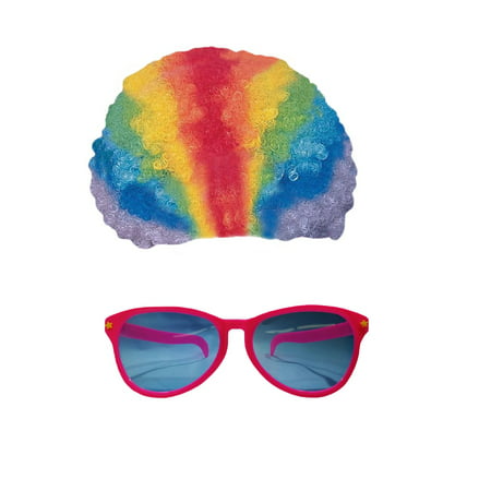 Rainbow Clown Afro Wig Carnival Fun Pink Jumbo Sunglasses Costume Accessory Set