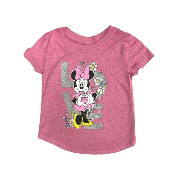 Disney Toddler Girls Short Pink & Silver Sparkle Minnie Mouse Love Tee Shirt 4T