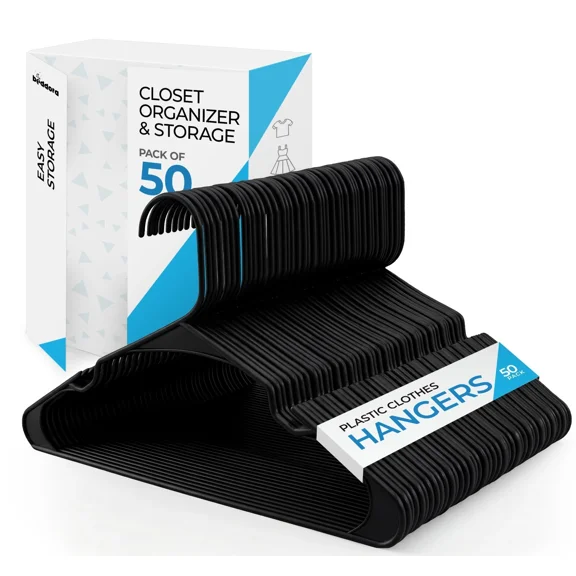 Beddora Heavy Duty Plastic Clothes Hangers Black, Non-Slip Double Hook Suit Hangers, Pack of 20
