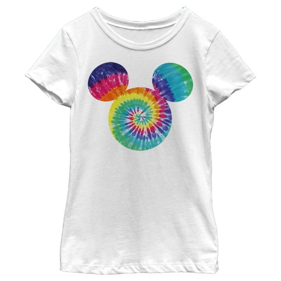 Girl's Mickey & Friends Rainbow Tie-Dye Mickey Mouse Logo  Graphic Tee White Medium
