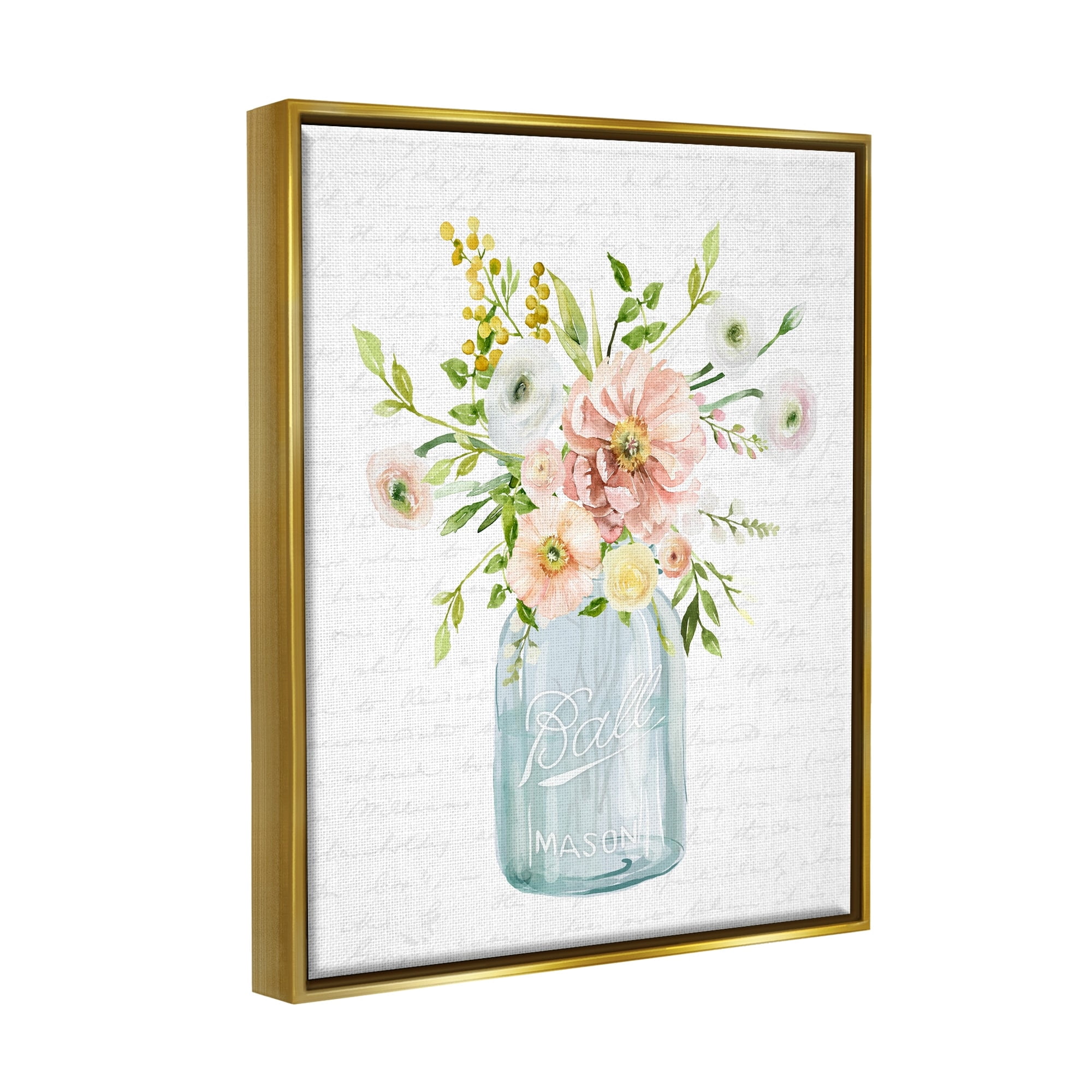 Stupell Industries Varied Flower Blossoms Botanical Leaves Patterned Words Graphic Art Metallic Gold Floating Framed Canvas Print Wall Art, Design by Lettered and Lined