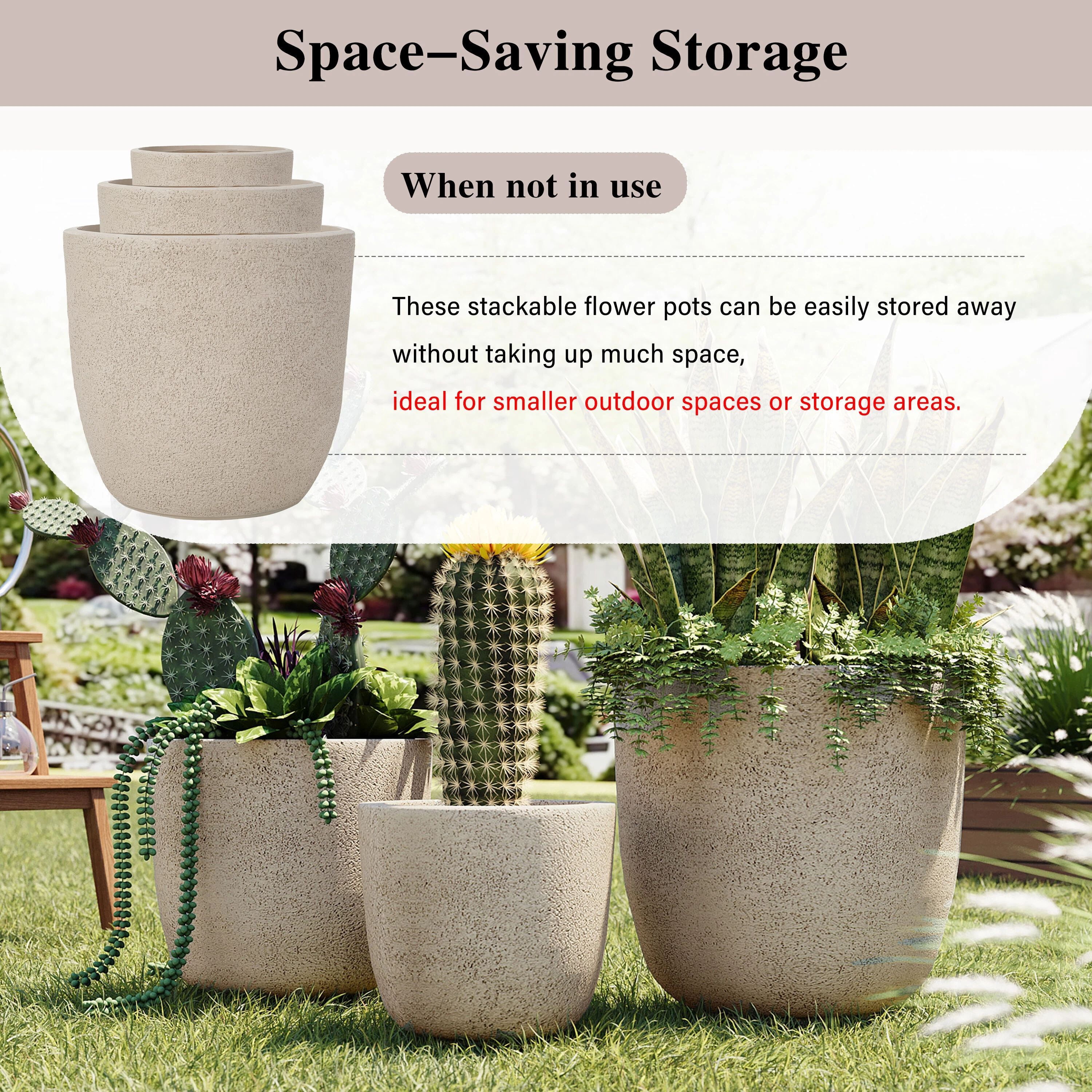 Euroco Lightweight Flower Pot Set of 3, 16.93"+13.98"+11.22" Dia Round Concrete Stackable Planter with Drainage Holes and Rubber Plug,Modern Decorative Pots for Indoor Outdoor,Patio Garden Balcony