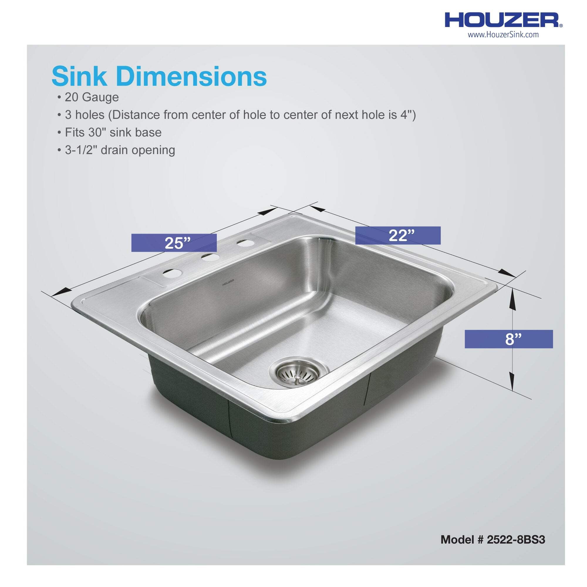 Houzer Glowtone 25 inch Stainless Steel Drop-in Topmount 3-hole Single Bowl 8 inch Deep Kitchen Sink - 2522-8BS3-1