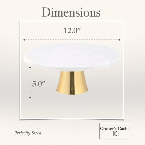 Cruiser's Caché 12-Inch Marble Cake Stand |   Natural White Marble with Gold Base |   Round Dessert Stand for Birthday Parties, Weddings