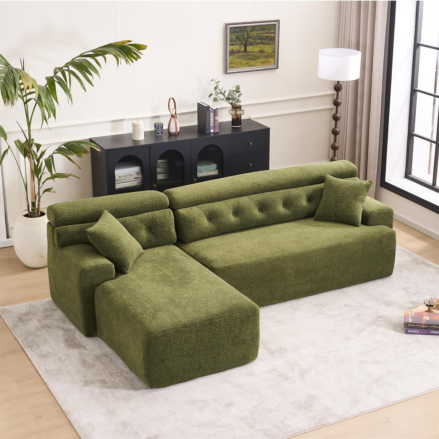 Demi Bonn 105" Modern L-Shaped Sectional Sofa, 3-Seater Couch with Chaise Lounge, 2 Accent Pillows, Wood Grain Chenille Fabric for Living Rooms, Green