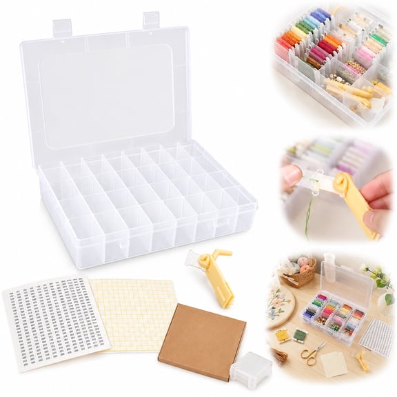 Rongsi Embroidery Floss Organizer Set, Cross Stitch Thread Storage Box Tools - Bobbin Winder, 1 Removable 24 Compartments with 40 Hard Plastic Floss Bobbins and Stickers for Craft DIY Embroidery Sewi