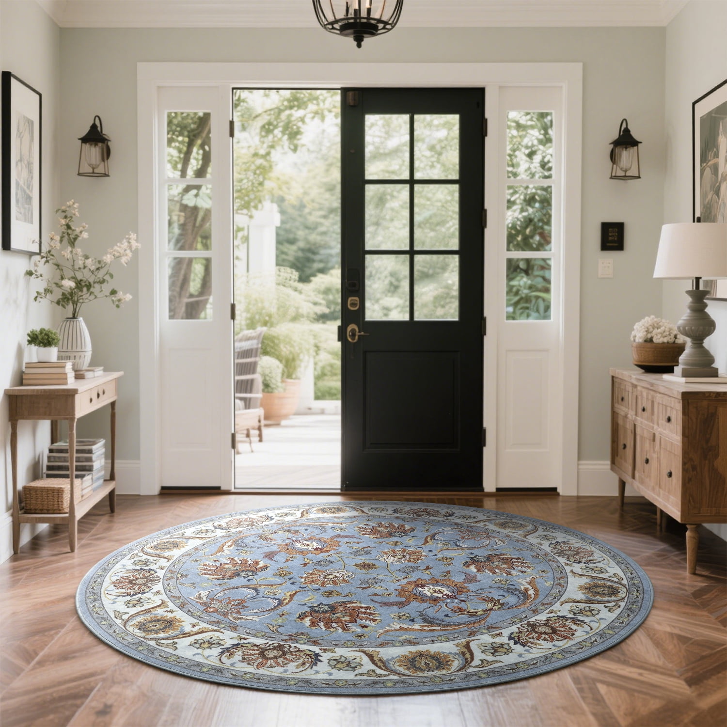 Cydiria Blue Round Persian Medallion Area Rug Floral Pattern Print Low-Pile Carpet for Living Room, 6' x 6'