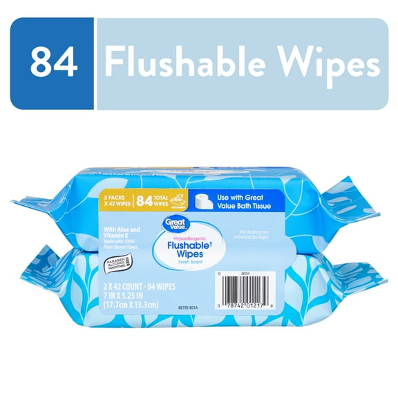 Great Value Flushable Wet Wipes, Fresh Scent, 2 Packs of 42 Wipes, 84 Total Wipes