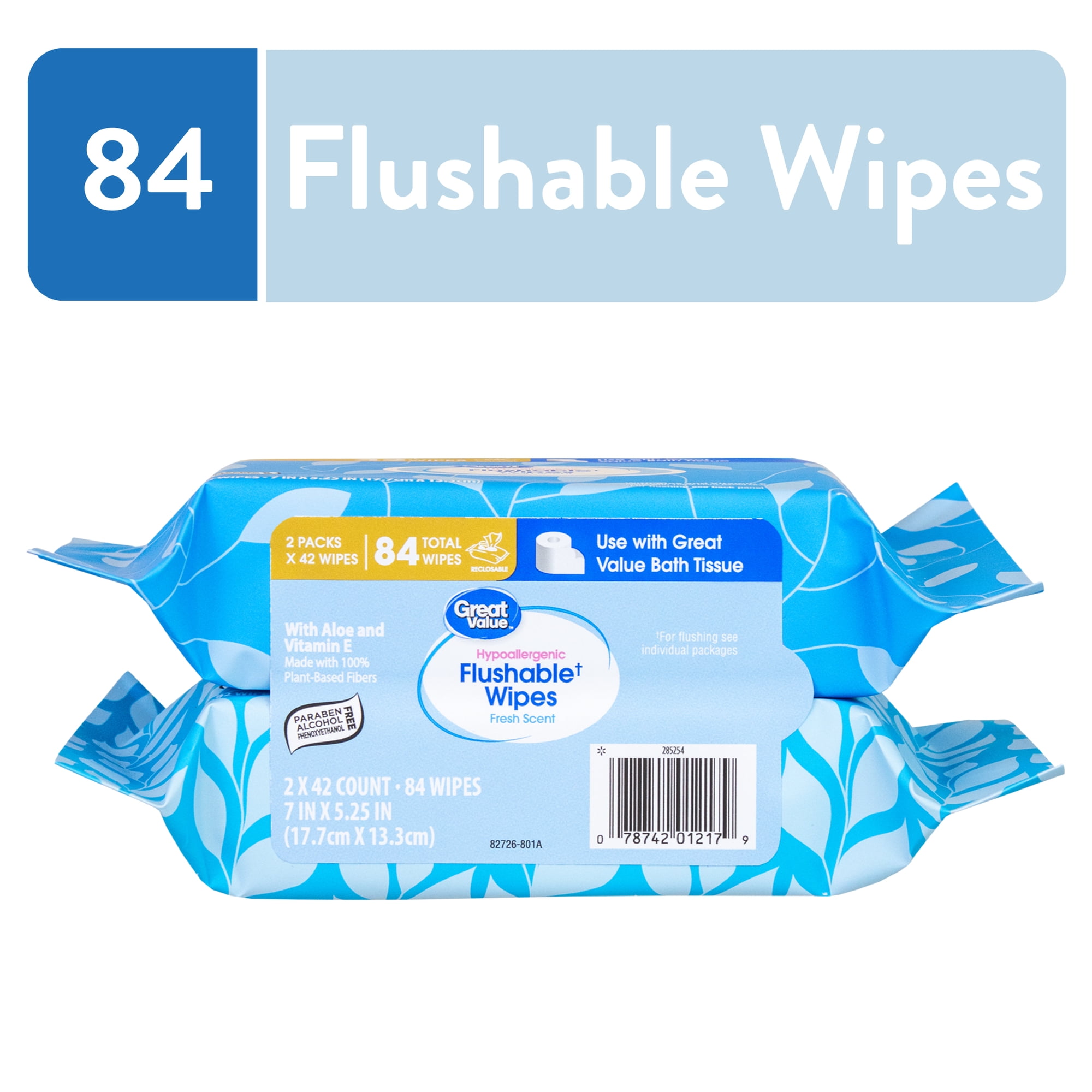 Great Value Fresh Scent Flushable Wipes, 2 Resealable Packs, 84 Total Flushable Wipes