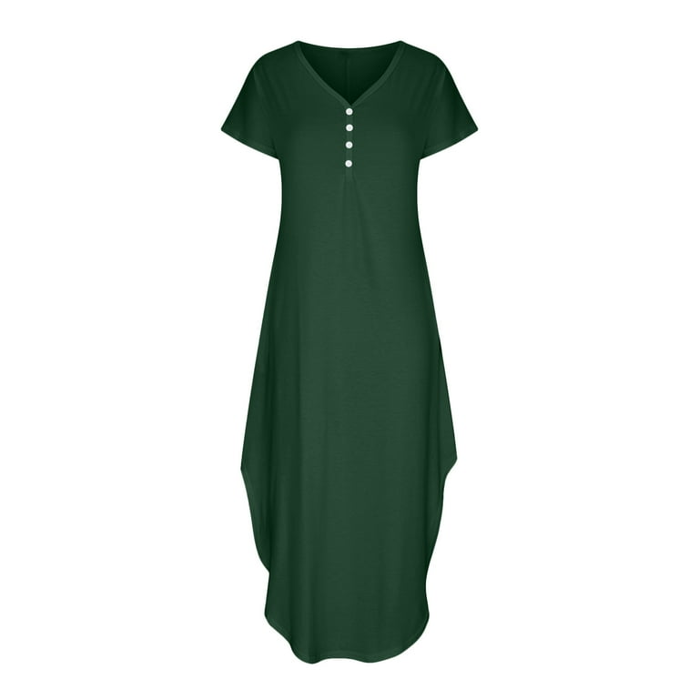 Lorytime Womens Summer Dresses Maxi Length Solid Color Calf Length Maxi  Dress Short Sleeve Flowy Long Dress Sundress V Neck Beach Dress Button with  Pocket Holiday Dress Green M - Walmart.com