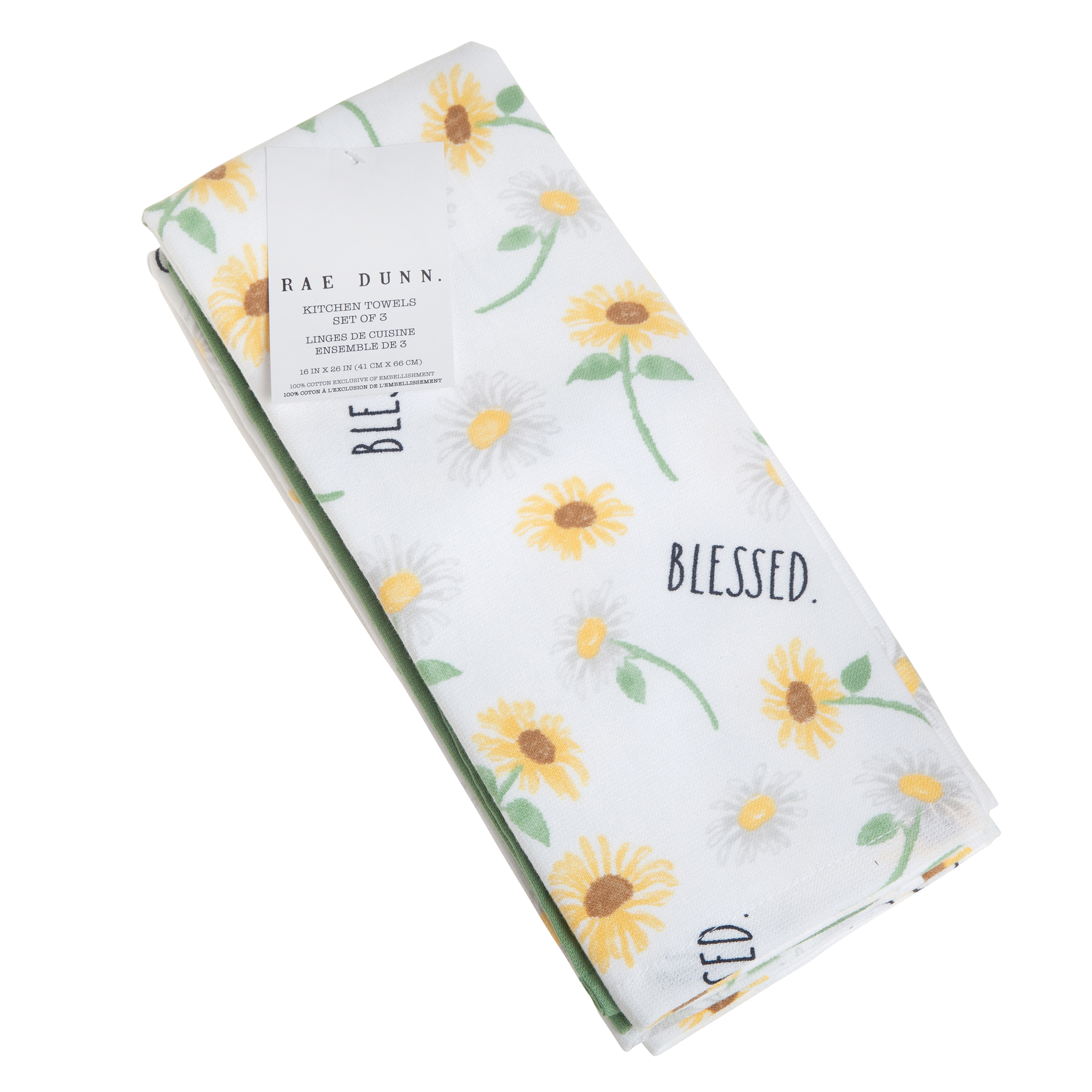 Rae Dunn Blessed Flower Kitchen Towel, White & Green, 3 Pack Set, 16" x 26"