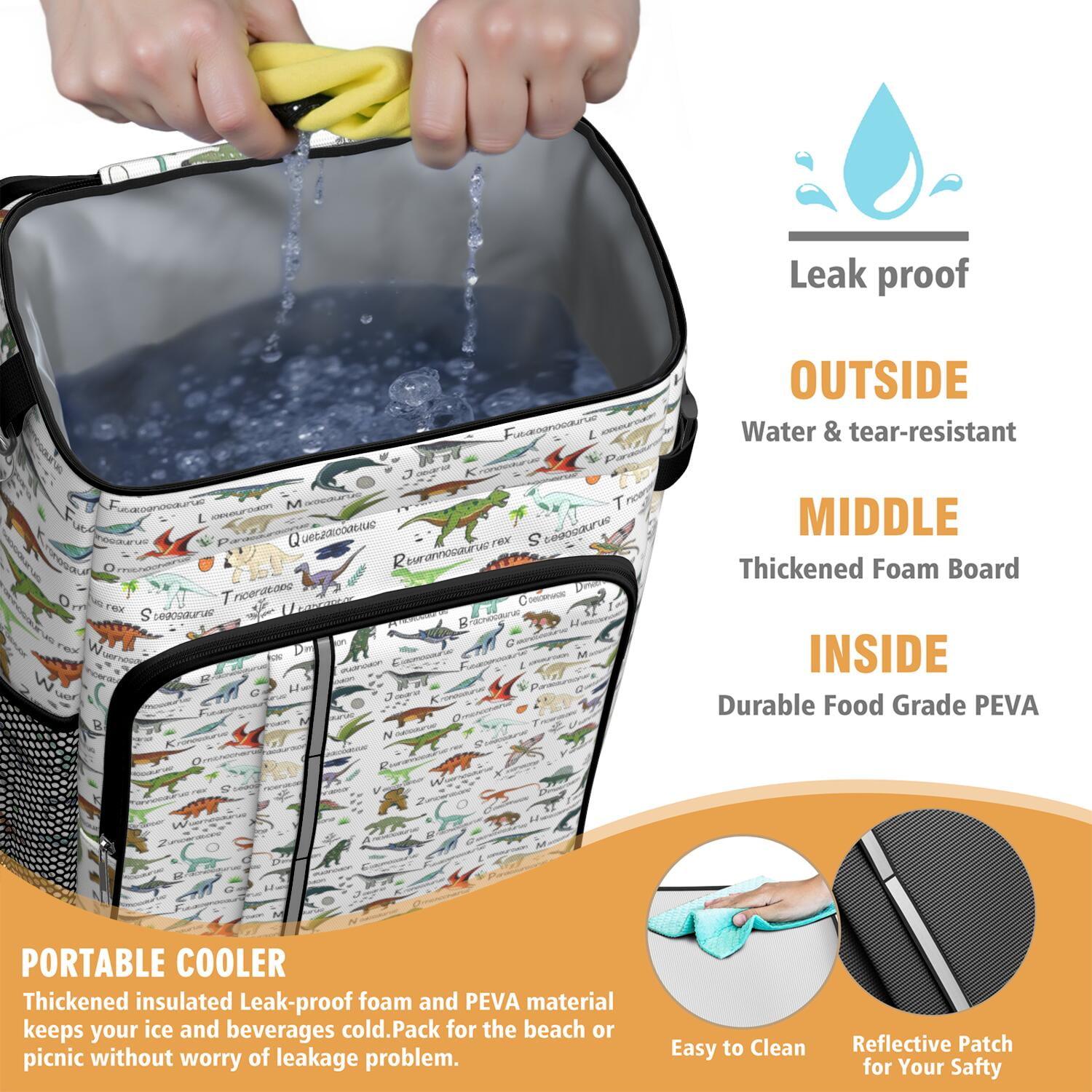 Travel Cooler Bag - White Dinosaurs Names Species Pattern Camping Beer Cooler Backpack with Bottle Opener- Waterproof Insulated Picnic Backpacks - Cooler Bag for Beach