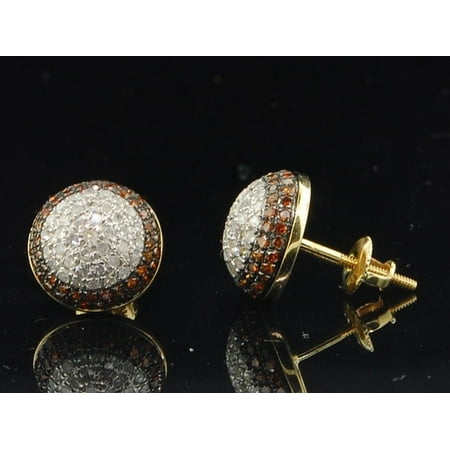 - Red Diamond Earrings 10K Yellow Gold Round Pave Domed Circle Studs 0.90 Tcw.