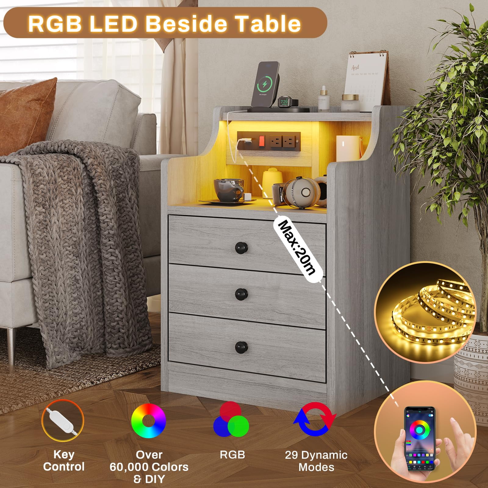 Afuhokles Nightstand Set of 2 with Charging Station and LED Lights, Night Stand with Hutch and Storage Drawers, Gray