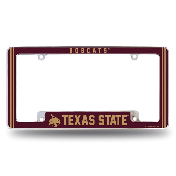 Texas State NCAA Bobcats Chrome Metal License Plate Frame with Full Frame Team Color Graphics