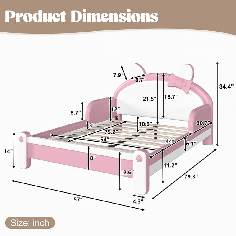Full Size Kids Platform Bed with Cartoon Cat-Shaped Headboard, Upholstered PU Leather Princess Bed, Low Profile Child Bed Frame