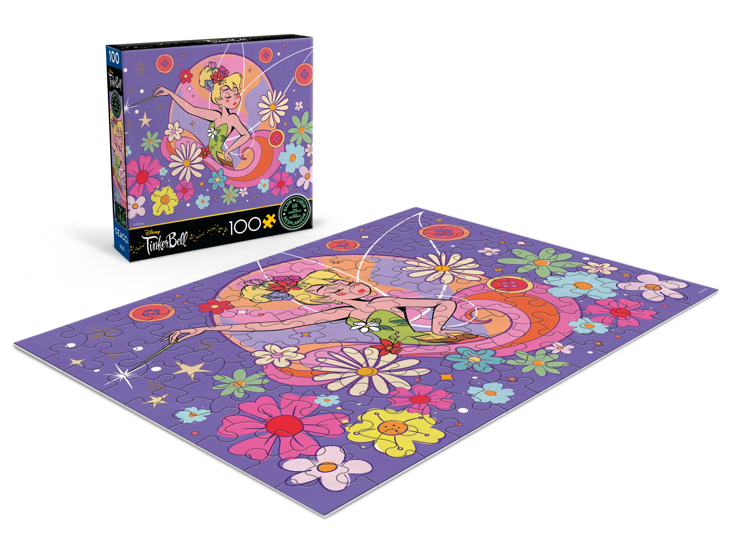 Ceaco Kids Entertainment Deluxe Tinkerbell Flower Magic Glow 100-Piece Interlocking Jigsaw Puzzle for Children Ages 6+