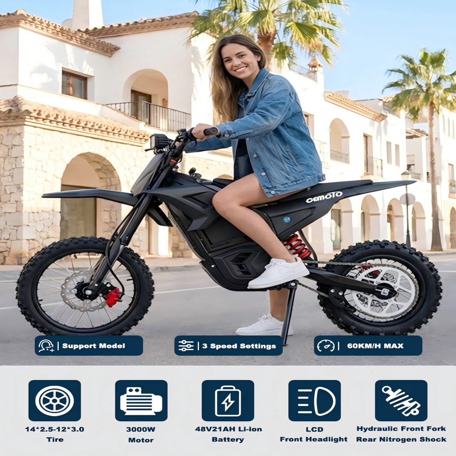 CEMOTO D02 Off-Road E-TrailX Electric Dirt Bike for Teens & Adults,3000W Peak Mid-Drive Motor 34+ MPH Top Speed,48V 21AH Battery, 14"/12" Tires, Full Suspension, Dual Hydraulic Brakes UL2849