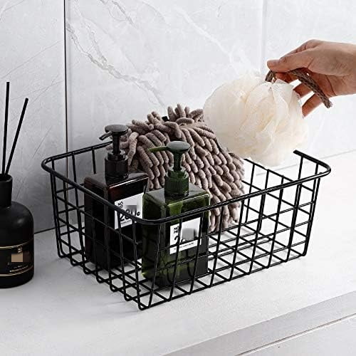 PandaTop Wire Storage Baskets with Handles, 4 Pack Metal Organizer Baskets for Kitchen, Premium Metal Storage Organizer Basket,Bathroom Baskets for Organizing，Laundry Basket(Black,Small)