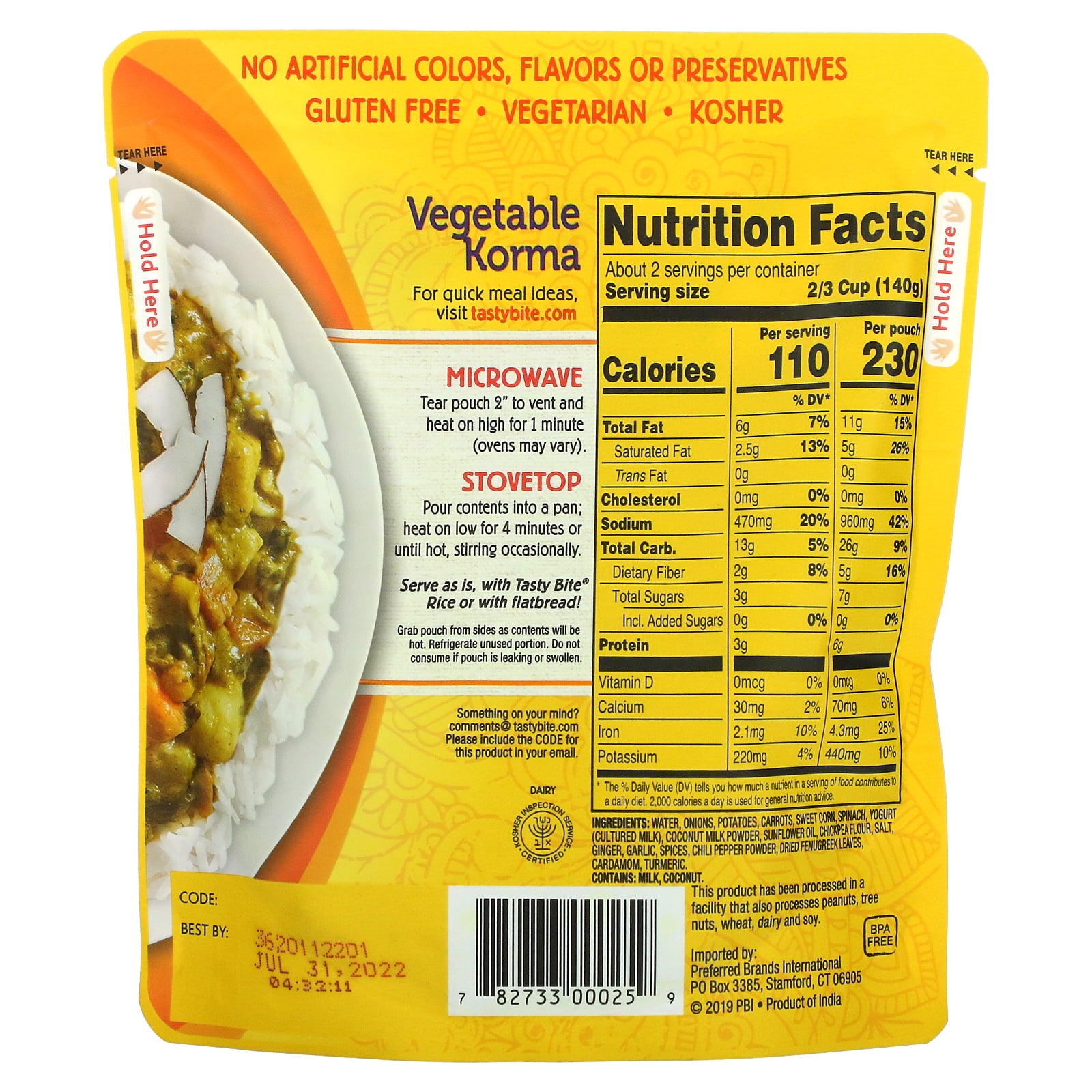 Tasty Bite, Indian Vegetable Korma, Medium, 10 oz (285 g) Pack of 4