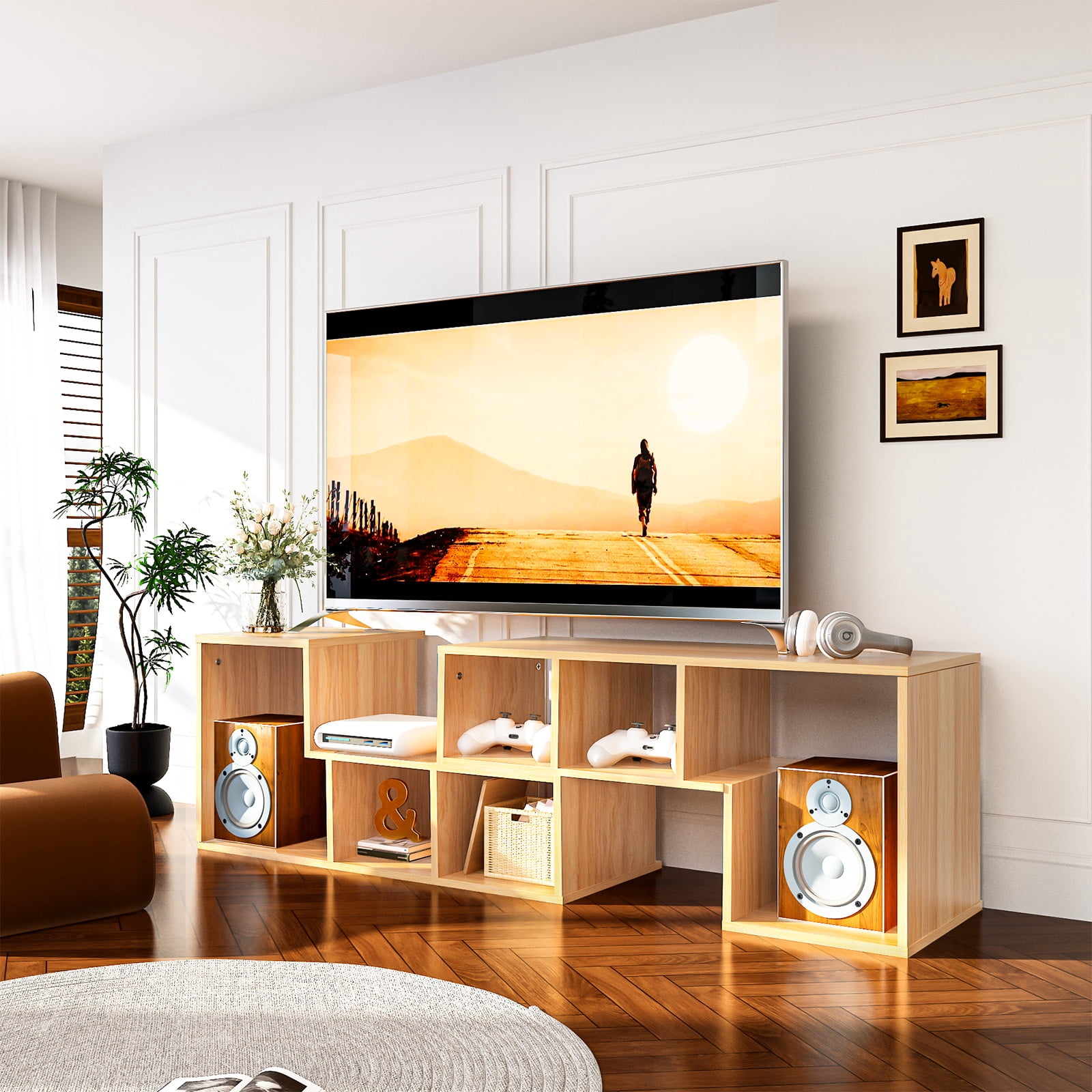 MOOSENG Horizontal Bookshelf, Vintage 2 Shelf Cube Bookcase L-Shaped TV Console Stand, Modern Entertainment Center with Open Storage Shelves for CDs/Movies/Books for Living Room, Bedroom