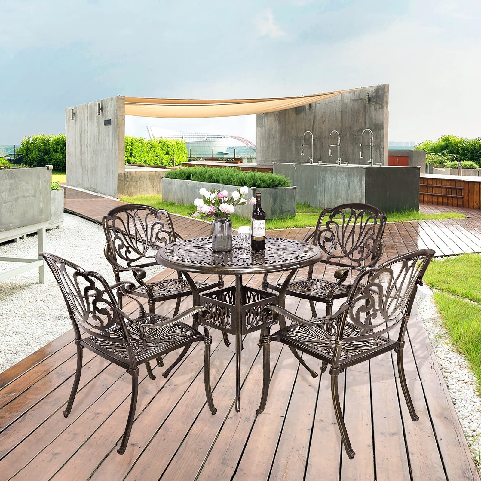 VIVIJASON 5-Piece Outdoor Patio Dining Set, All-Weather Cast Aluminum Conversation Set, Patio Furniture Set for Balcony Lawn Garden Backyard, Include 4 Chairs, a 35.2 inch Round Table w/Umbrella Hole