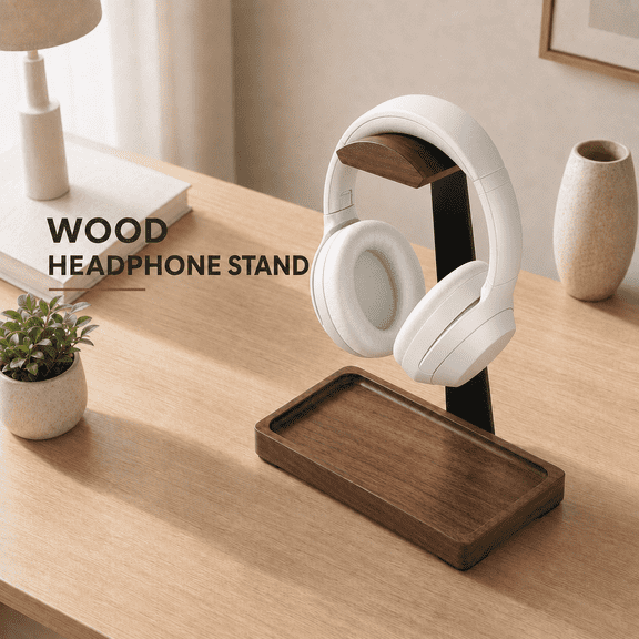 VBNDMAW Wooden Headphone Stand for Desk, Walnut Headset Holder with Storage Base, Gaming Headphone Stand, 10-3/4" H x 8" W x 4-3/8" D