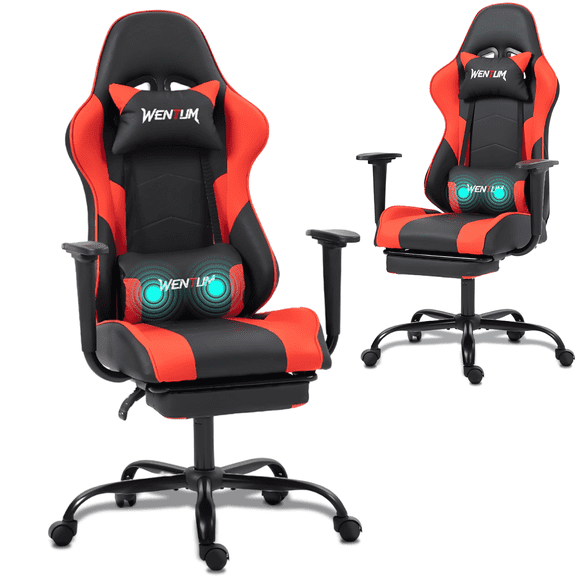 DELMANGO Massage Gaming Chair with Recline and Footrest, Racing Style PU Leather Office Desk Chair with Head Pillow for Adults, Red