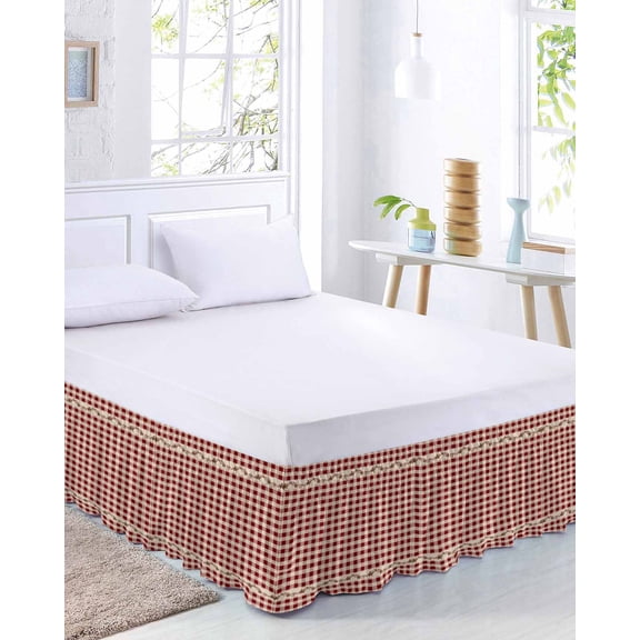 Country Red Buffalo Plaid Bed Skirt Queen Size 18 Inch Drop, Retro Star Berries Vine Linen Texture Adjustable Elastic Dust Ruffles Bedskirt for Queen Bed Wrap Around Pleated Mattress Frame Cover