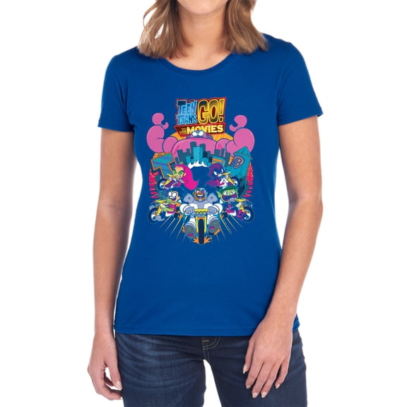 Teen Titans Go to The Movies Burst Through Women's T Shirt, Royal, Small