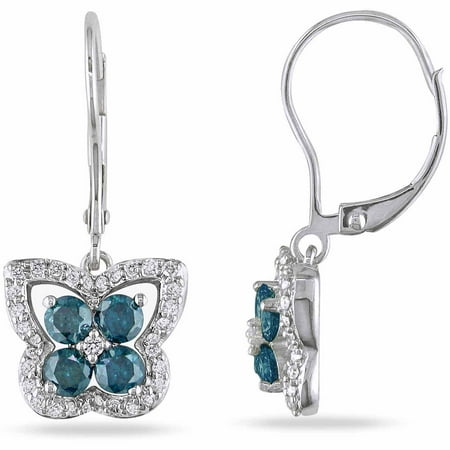 1 Carat T.W. Blue and White Diamond 14kt White Gold Leverback Butterfly Earrings
