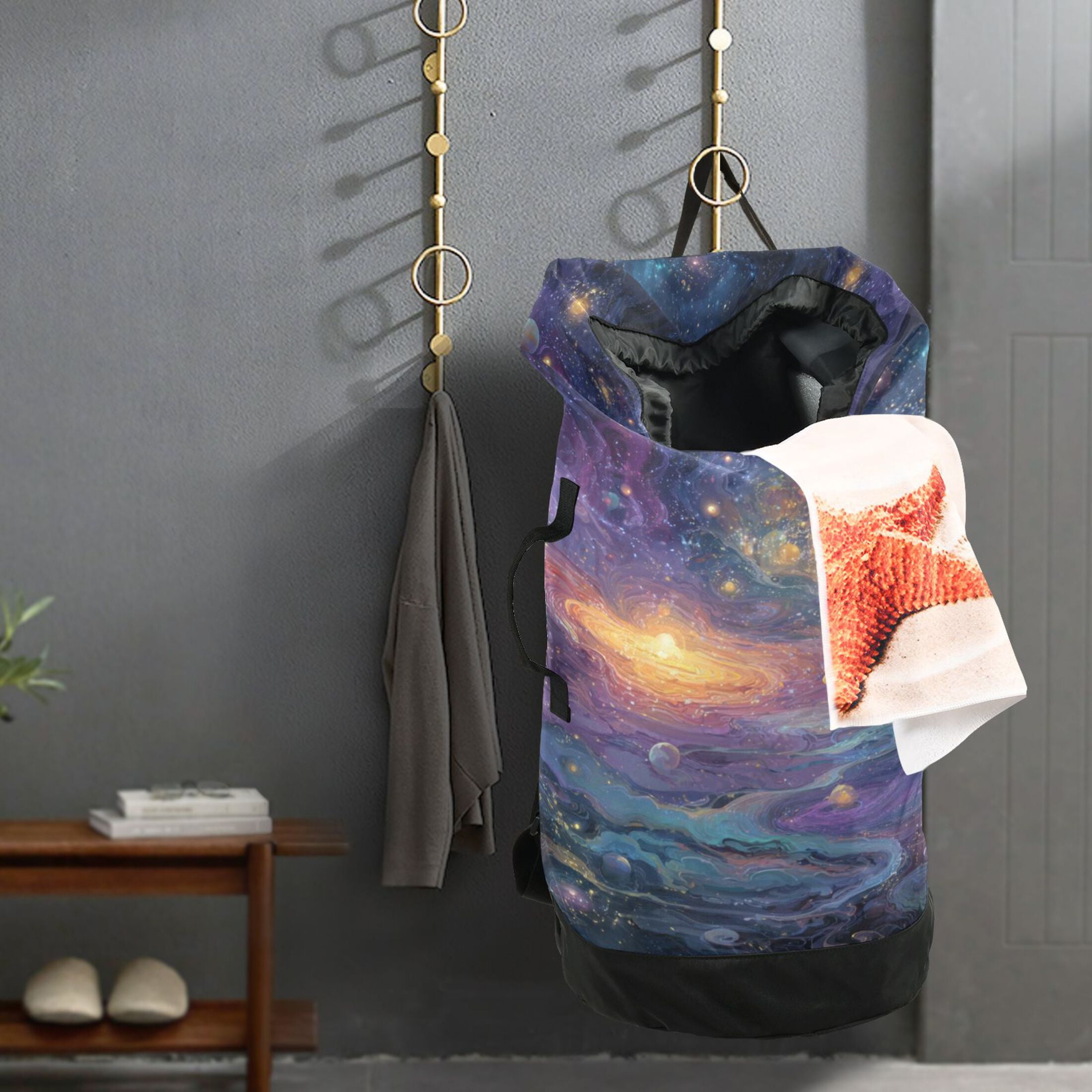14.5x29.3in Laundry Backpack Bag with Drawstring & Adjustable Straps Heavy-Duty Wash Bag for Travel Storage Camping Vibrant and Colorful Universe