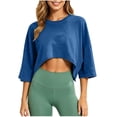thumbnail image 3 of SROBPTY Womens Top Solid Crew Neck 3/4 Sleeve Cropped Shirt, 3 of 5