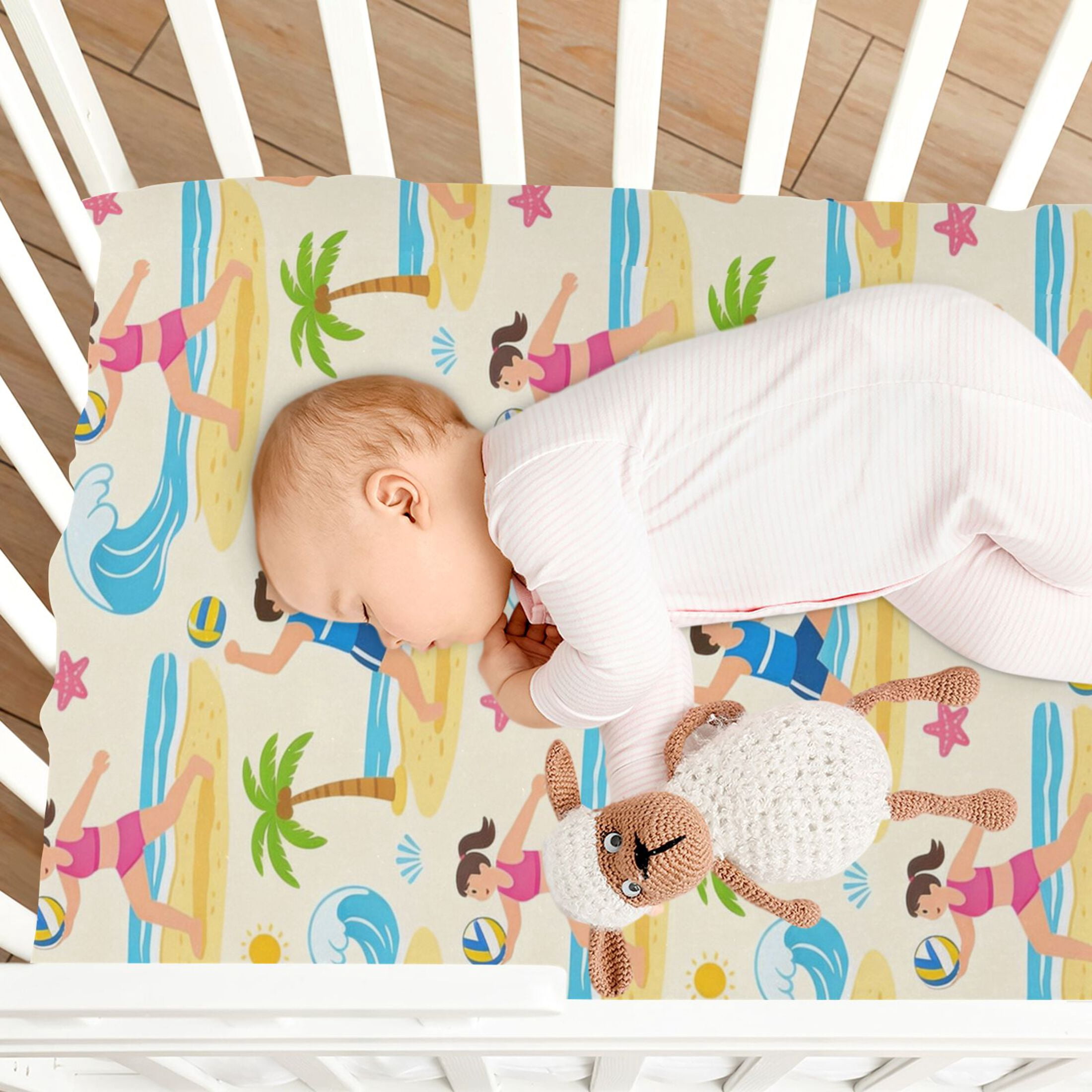 Baby Essentials 52”x 28”- Standard Cotton-like Modal Elastic- Beige Volleyball Design Crib Sheets for Newborns and Toddlers