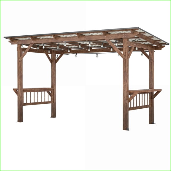 Outdoor Grill Gazebo Pergola | 13x6.5ft Wood, Metal Roof, LED, Bar Counters for Backyard BBQ | Walnut Brown | Wood   Stainless Steel