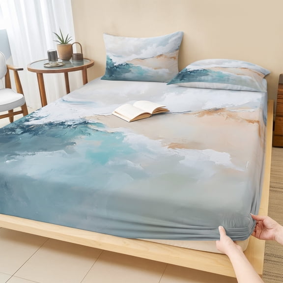 Cal.King Size Fitted Sheet Set - Teal Beige 3 Piece Bedding Sets 16" Deep Pocket Fitted Sheet with 2 Pillowcases, Modern Oil Painting Art Coastal Brushed Microfiber Hotel Luxury Bed Sheets