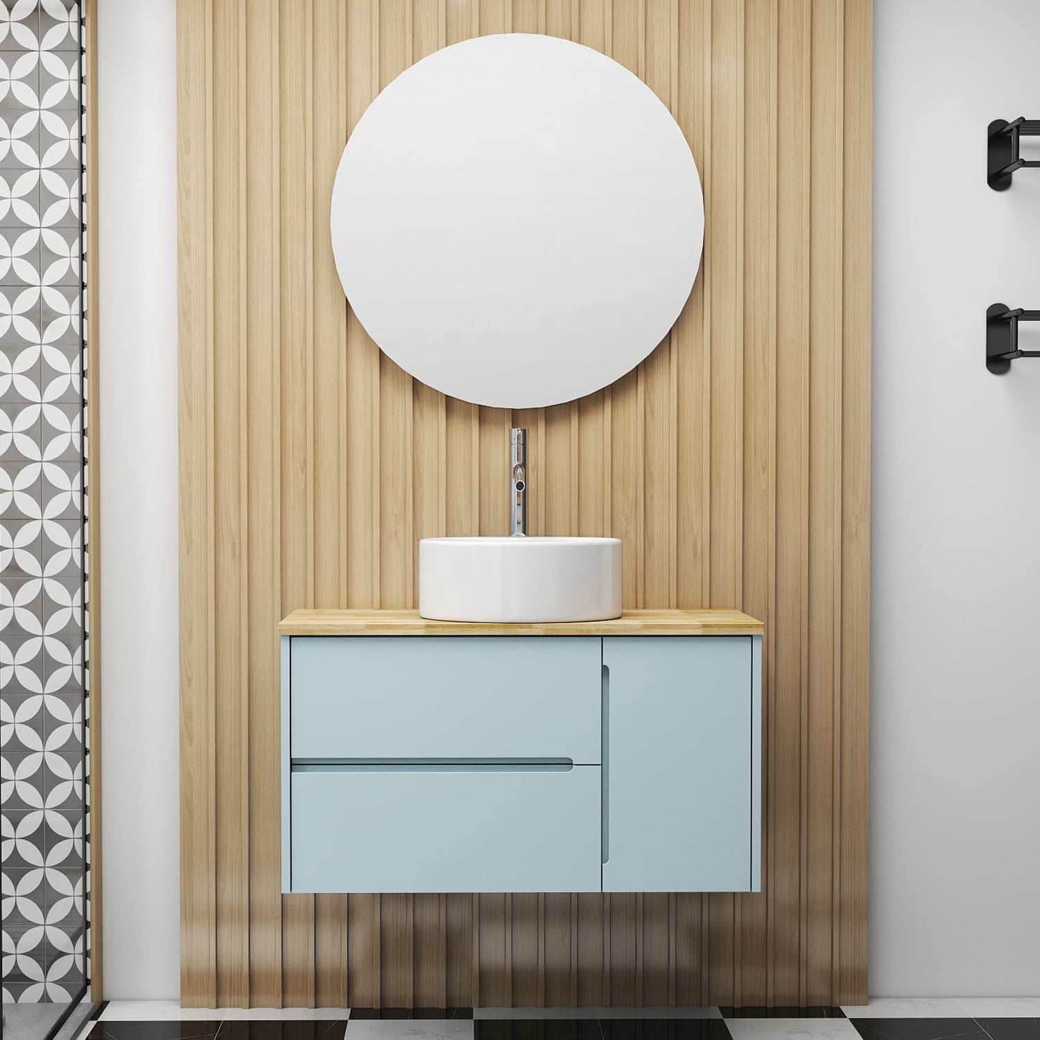 Demi Bonn 35" Single Door Wall Mounted Bathroom Vanities Cabinet with Ceramic Sink, 2 Drawers and Round Mirror, Faucets and Drains Not Included, Blue