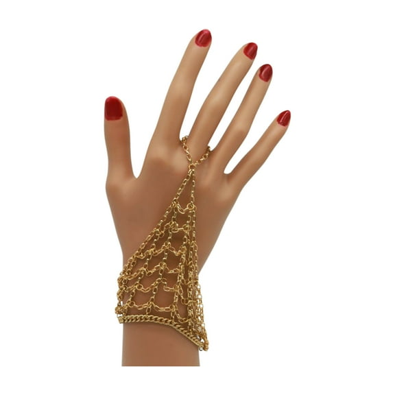 Women Gold Metal Hand Chain Wrist Bracelet Web Net Ring Unique Fashion Jewelry