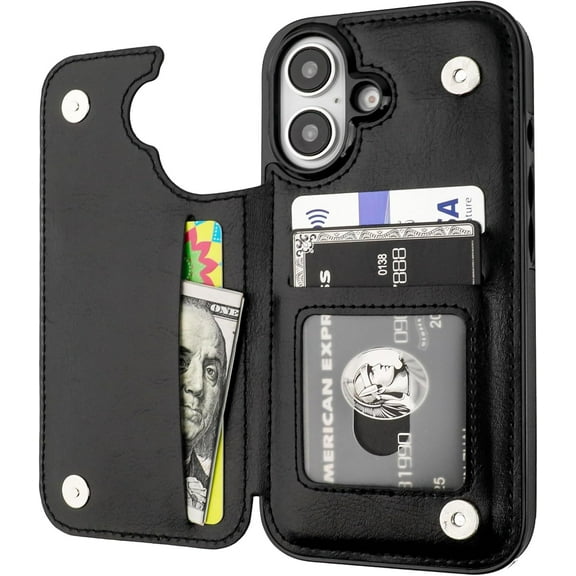 REQO Compatible with iPhone 16 Wallet Case with Card Holder, PU Leather Kickstand Card Slots Case, Double Magnetic Clasp and Durable Shockproof Cover 6.1 Inch