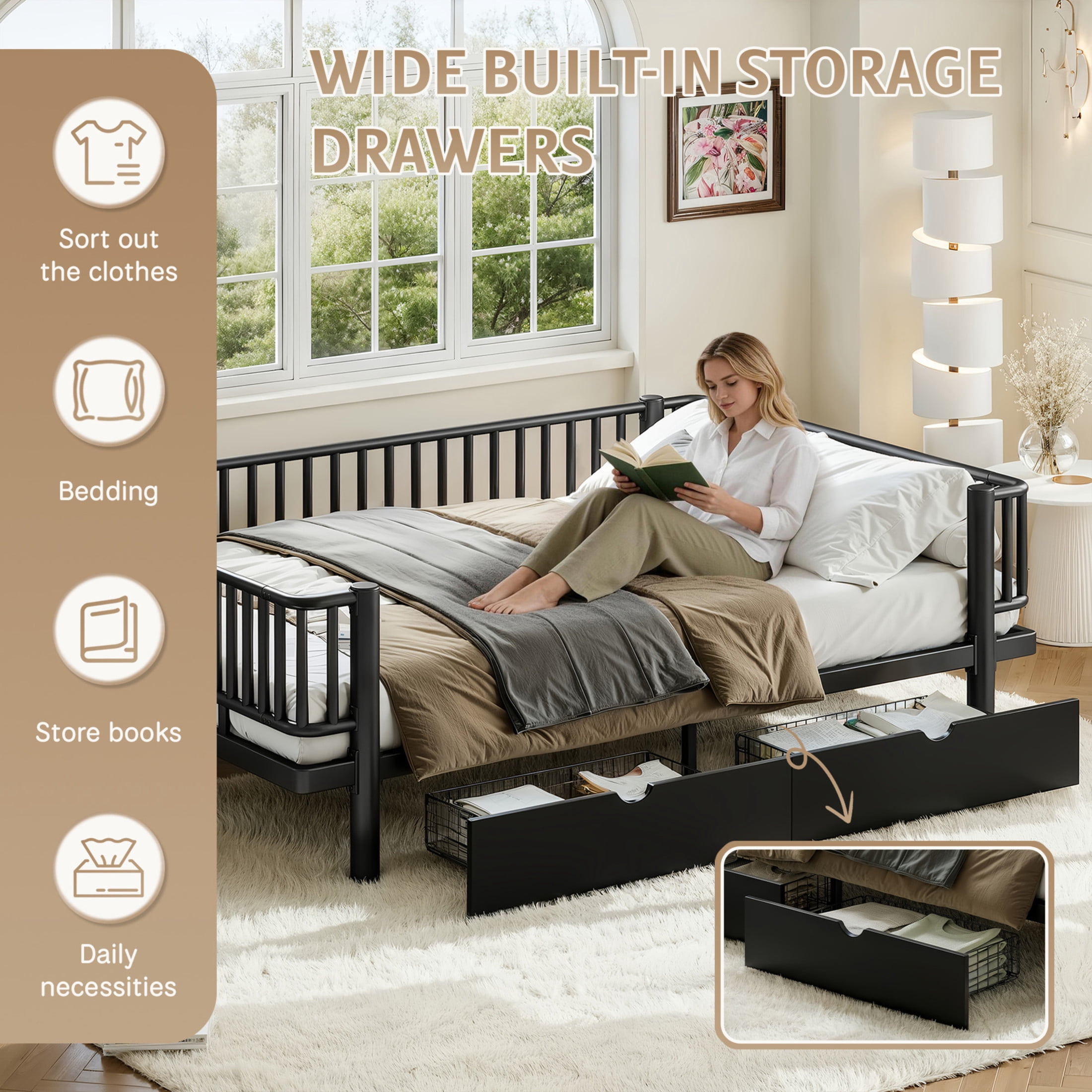 Noble House Queen Size Platform Bed with Storage Drawers, Daybed Frame with Round-Pipe Design, Black