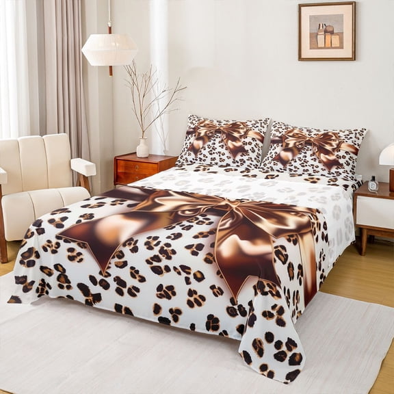 Feelyou Bling Fashion Bow-tie Twin Sheet Sets, Brown Cheetah Print Bedding, 3 Pieces