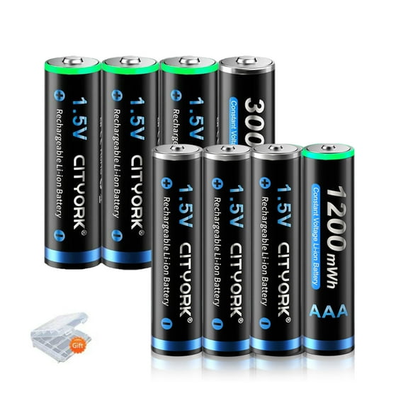 AA Batteries 3000mWh 1.5V Lithium Rechargeable Batteries 4 Pack and 1.5v AAA 1200mWh Lithium Rechargeable Batteries 4 Pack with 1 Pack Battery Case