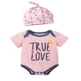 thumbnail image 2 of POINTERTECK 4Pcs Baby Girls Cute Clothes Set Heart Penguin Letter Print Short Sleeve Rompers Elastic Pants and Round Cap Suit, 2 of 6