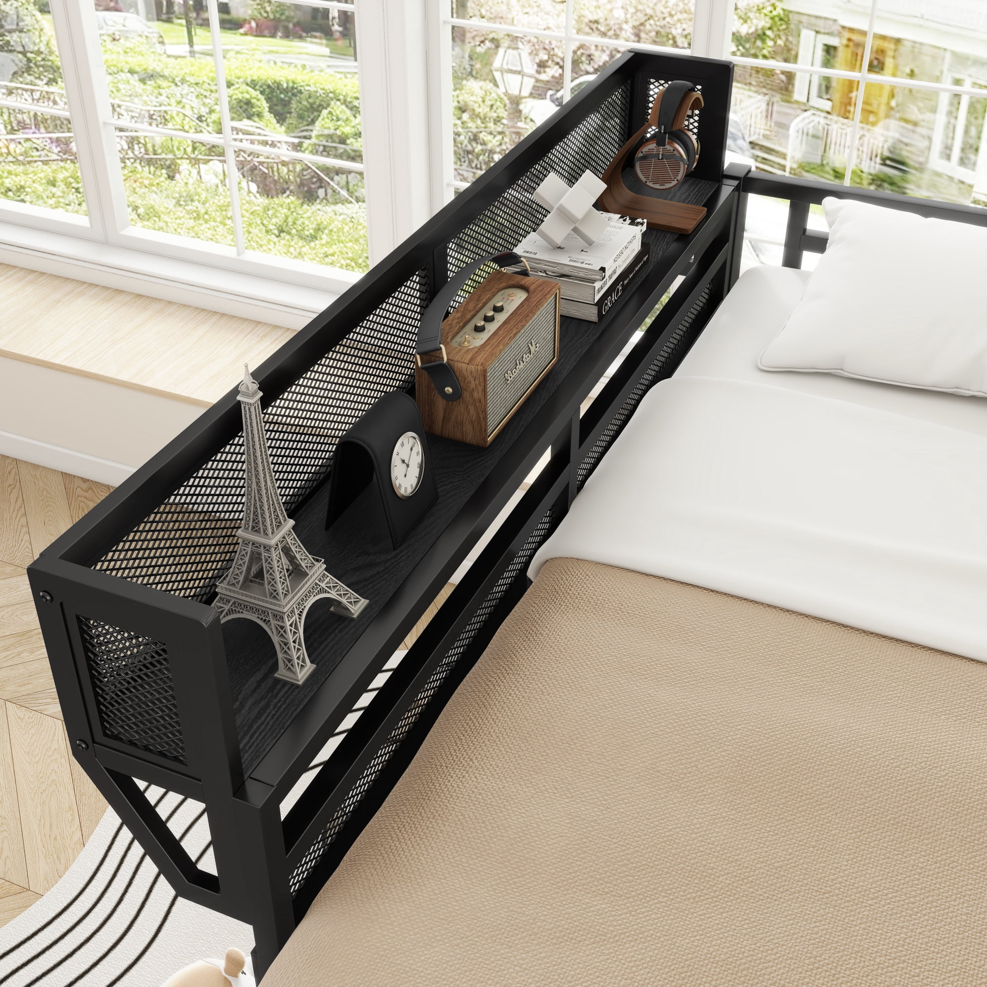 Queen Size Loft Bed with Ladder, Metal Loft Bed with Storage Shelves, High Loft Bed for Kids Teens, Black