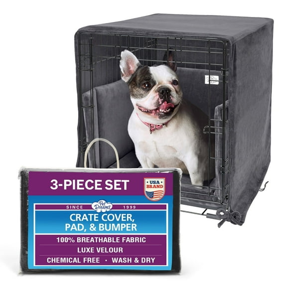 Pet Dreams 3-Piece Set Includes Dog Crate Cover, Dog Mat & Bumper Pad- Washable Kennel Bedding fits iCrate Dog Cages 24, 30, 36, 42 Inch Grey, Medium, 30"