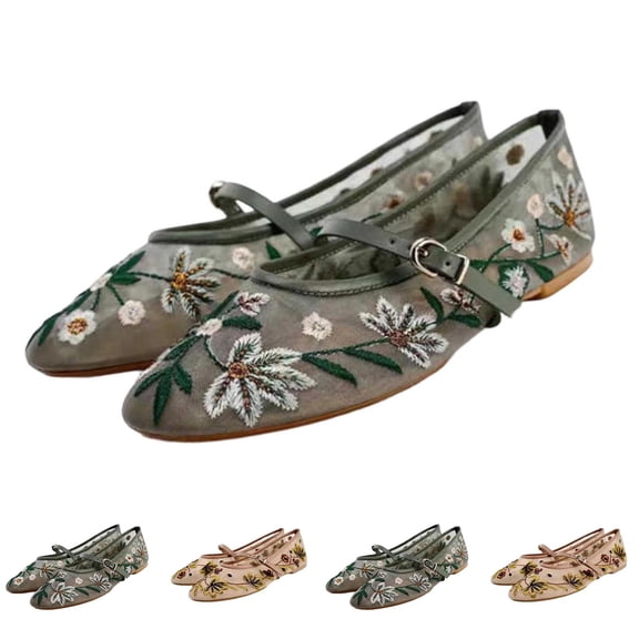 XUNKUSGA Ballet Flats Fashion Embroidered Floral Mesh Mary Jane Flats Pointed Toe Adjustable Buckle Strap Slip On Shoes Comfortable Casual Flats for Women,5.5