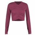 thumbnail image 2 of AherBiu Crop Tops for Women Long Sleeve Ruched V Neck Solid Color Basic Fall Casual Top Tees Pullover Tshirts, 2 of 3